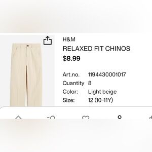 H&M Kids Beige Relaxed Fit Trousers